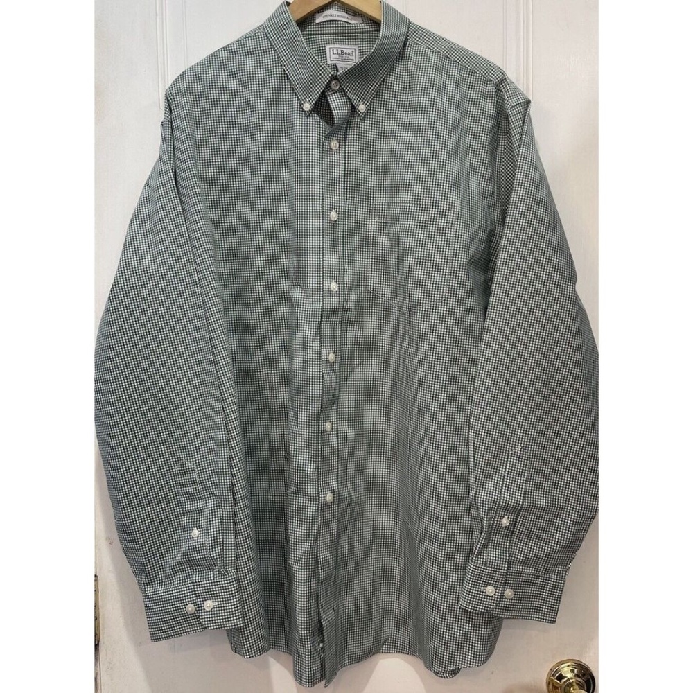 L.L. Bean Green White Gingham Long Sleeve Button Down Shirt Men’s Size XL-Reg